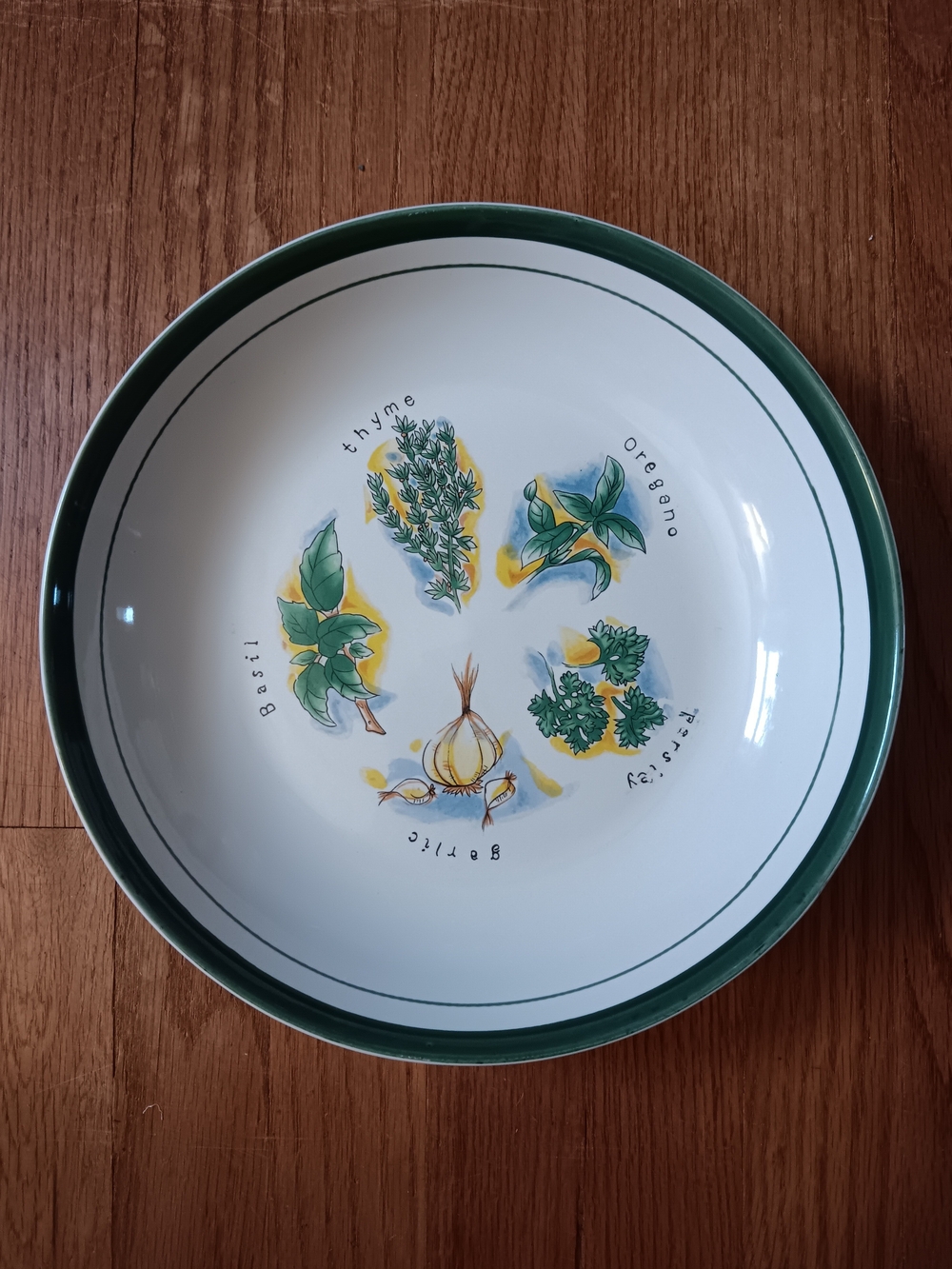 Botanical Herb Design 11" Large Ceramic Serving Bowl With Green Stripes